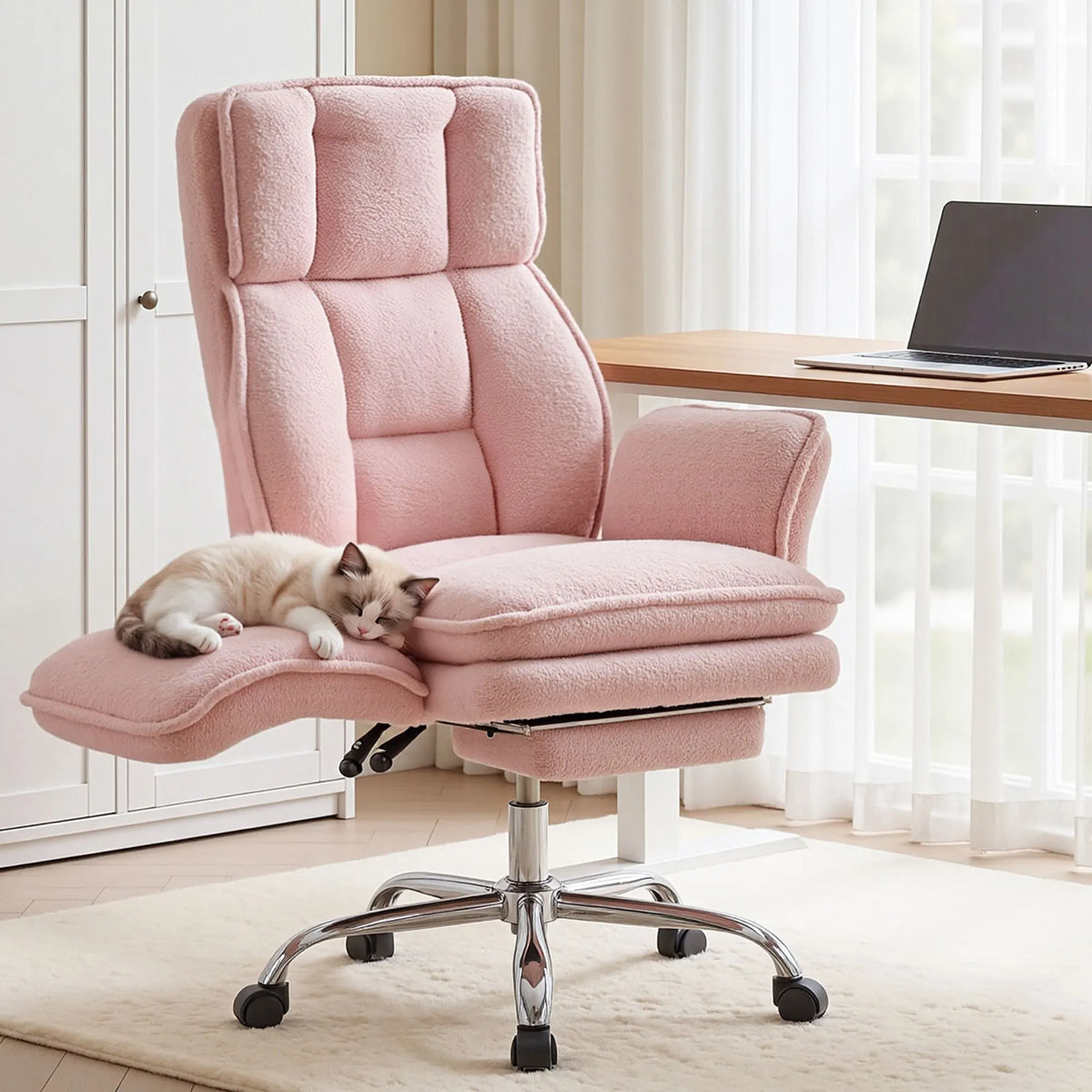 Artiss Big & Tall Criss Cross Office Chair with Flip Armrests Foot Rest Reclining Teddy Fleece Pink