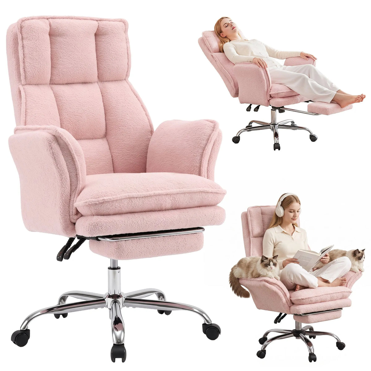 Artiss Big & Tall Criss Cross Office Chair with Flip Armrests Foot Rest Reclining Teddy Fleece Pink - Image 2