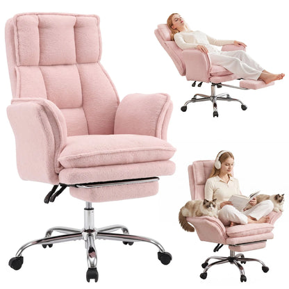 Artiss Big & Tall Criss Cross Office Chair with Flip Armrests Foot Rest Reclining Teddy Fleece Pink - Image 2