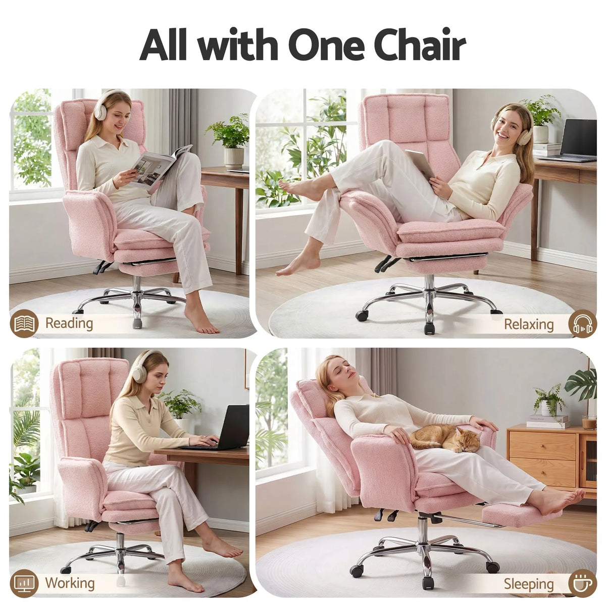 Artiss Big & Tall Criss Cross Office Chair with Flip Armrests Foot Rest Reclining Teddy Fleece Pink - Image 5