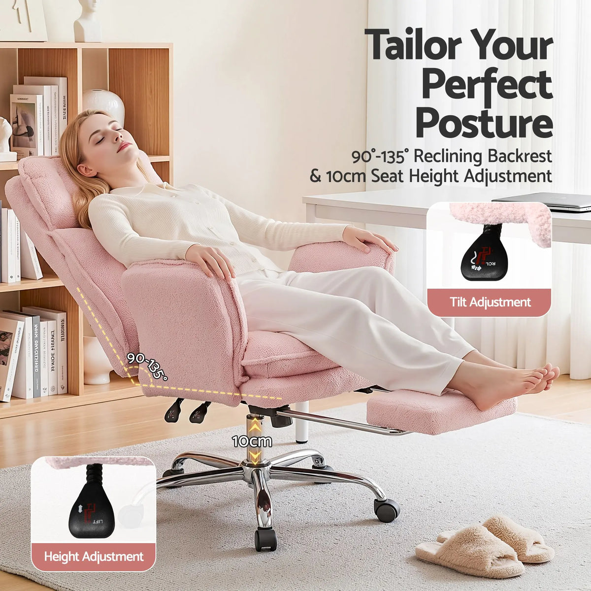 Artiss Big & Tall Criss Cross Office Chair with Flip Armrests Foot Rest Reclining Teddy Fleece Pink - Image 8