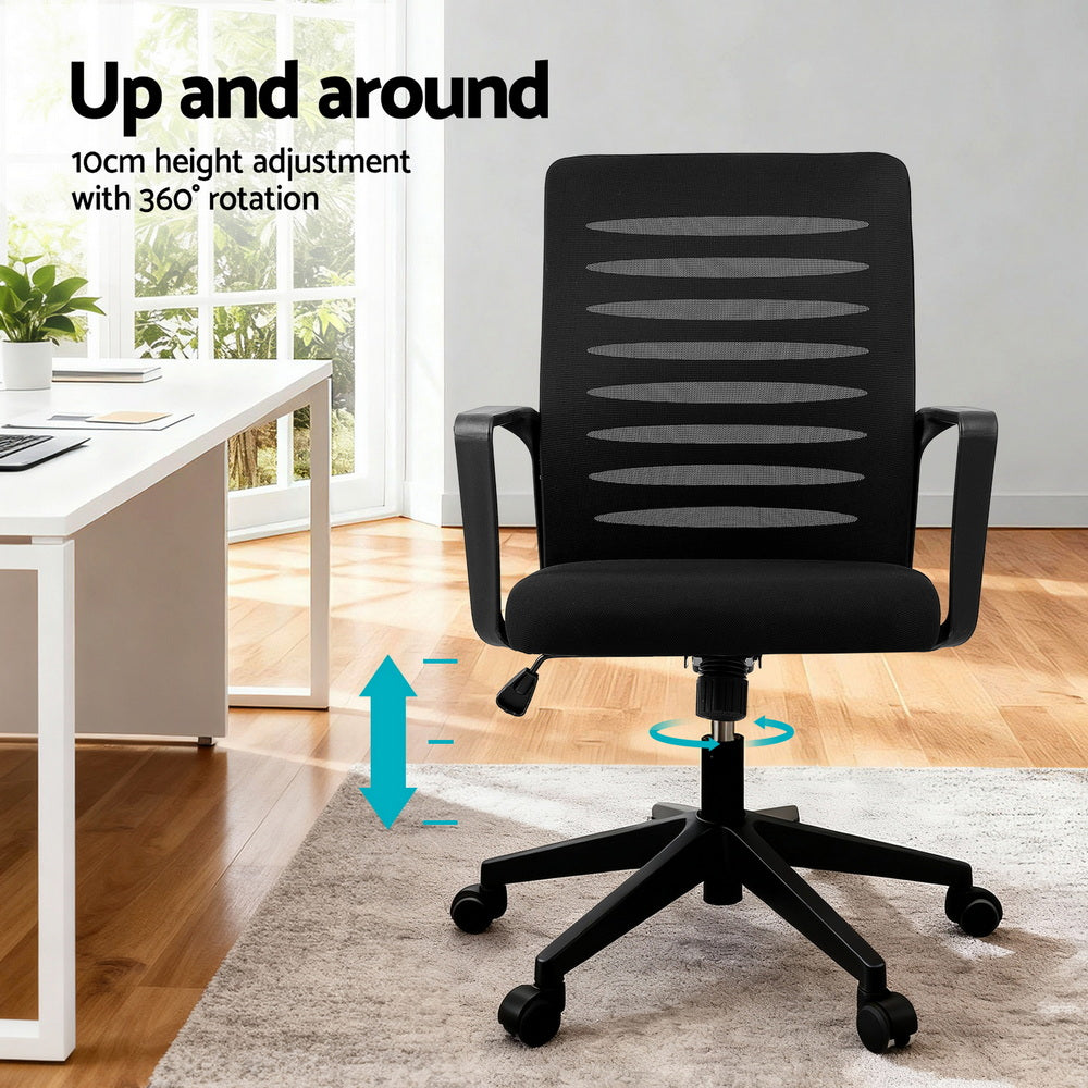 Artiss Ergonomic Office Chair Mesh Computer Desk Chairs with Lumbar Support, Height Adjustment Swivel Chair Mid Back for Home Office Study, Black - Image 4