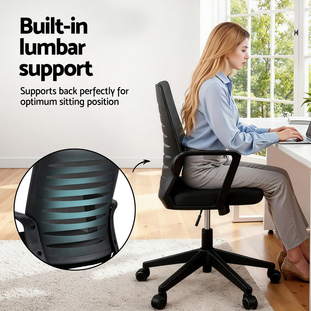 Artiss Ergonomic Office Chair Mesh Computer Desk Chairs with Lumbar Support, Height Adjustment Swivel Chair Mid Back for Home Office Study, Black - Image 5