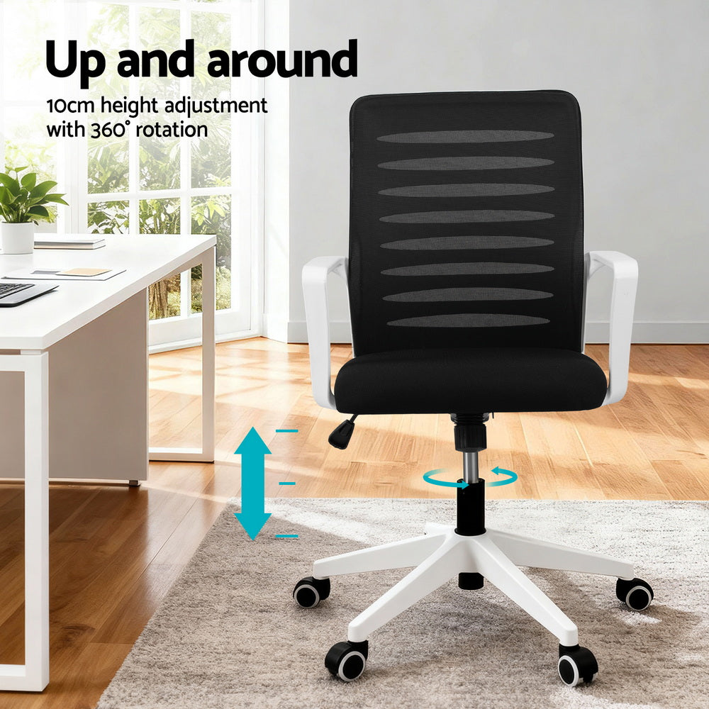 Artiss Ergonomic Office Chair Mesh Computer Desk Chairs with Lumbar Support, Height Adjustment Swivel Chair Mid Back for Home Office Study, Black and White - Image 4