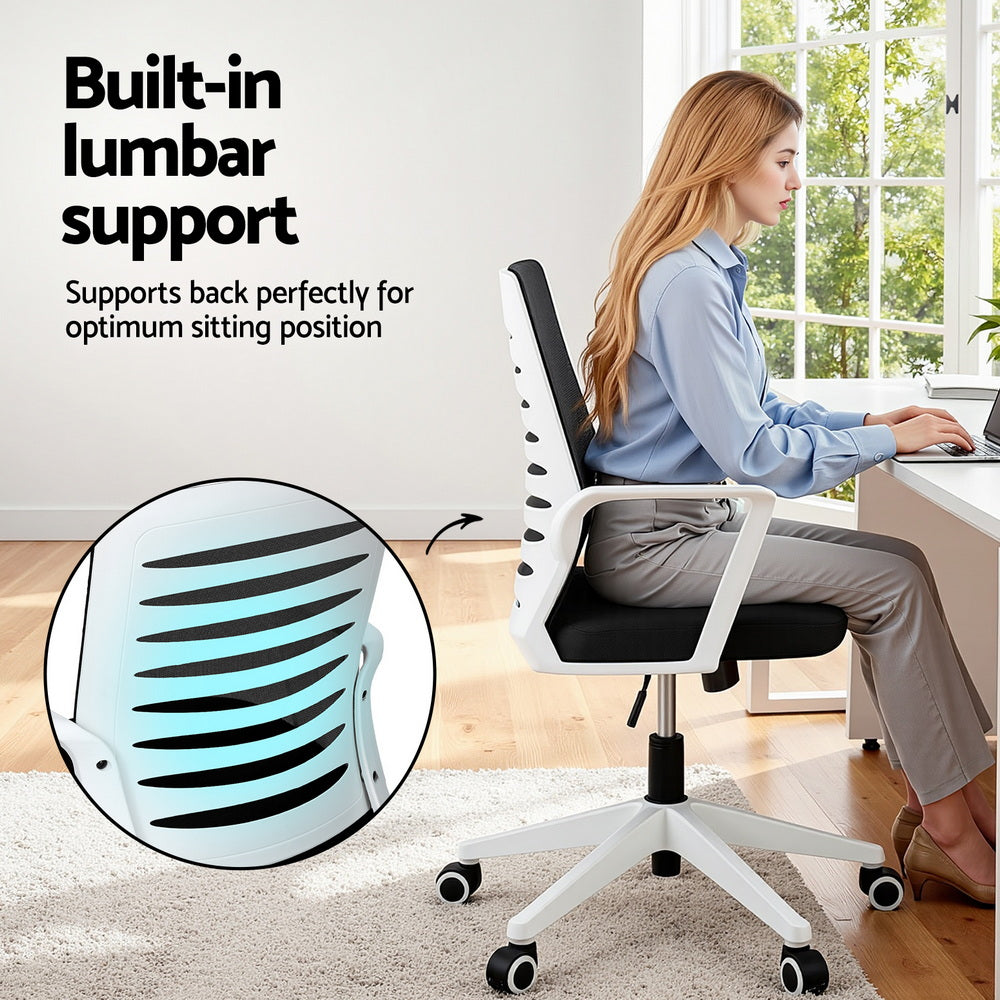 Artiss Ergonomic Office Chair Mesh Computer Desk Chairs with Lumbar Support, Height Adjustment Swivel Chair Mid Back for Home Office Study, Black and White - Image 5