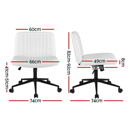 Artiss Criss Cross Chair with Wheels Wide Cross Legged Office Desk Vanity Chair PU Leather, Armless Height Adjustable Swivel Home Office Chair for Home Computer Task, White - Image 2
