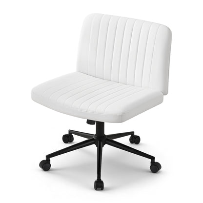 Artiss Criss Cross Chair with Wheels Wide Cross Legged Office Desk Vanity Chair PU Leather, Armless Height Adjustable Swivel Home Office Chair for Home Computer Task, White - Image 3