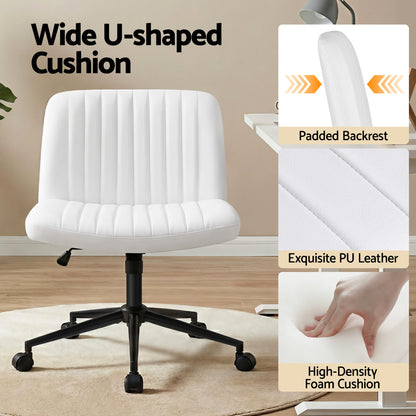Artiss Criss Cross Chair with Wheels Wide Cross Legged Office Desk Vanity Chair PU Leather, Armless Height Adjustable Swivel Home Office Chair for Home Computer Task, White - Image 4