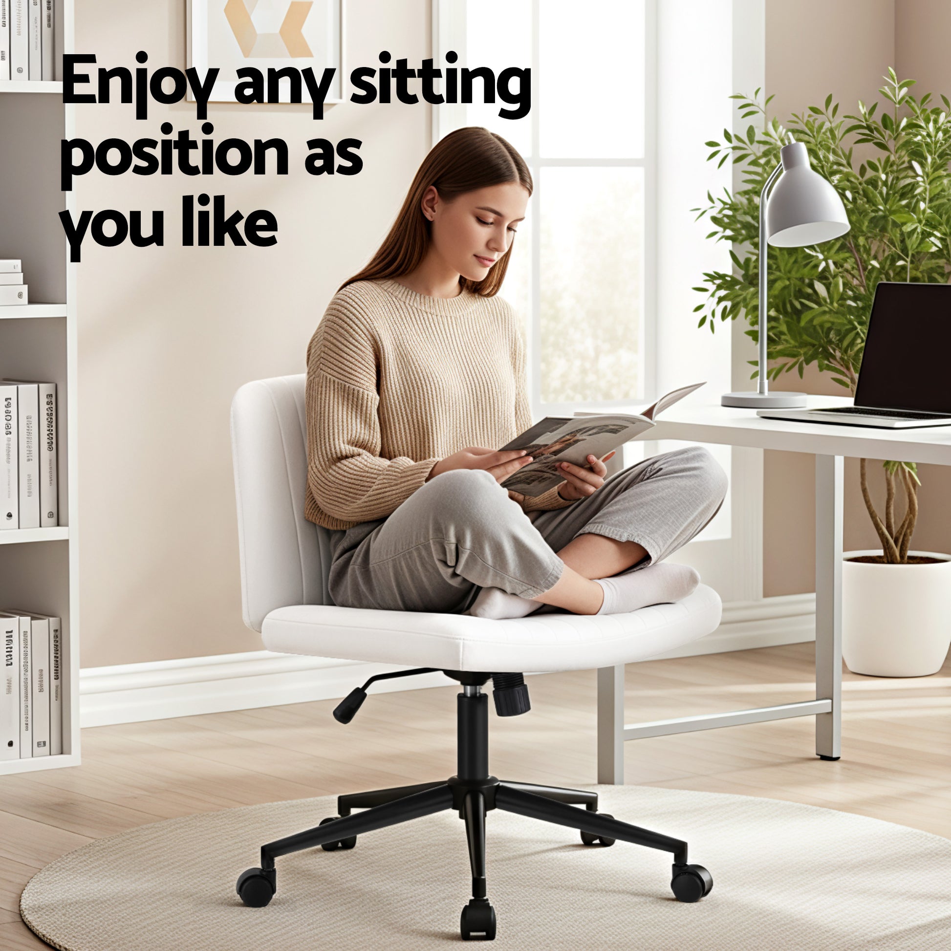 Artiss Criss Cross Chair with Wheels Wide Cross Legged Office Desk Vanity Chair PU Leather, Armless Height Adjustable Swivel Home Office Chair for Home Computer Task, White - Image 5