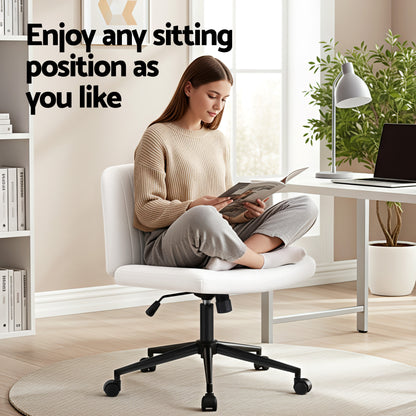 Artiss Criss Cross Chair with Wheels Wide Cross Legged Office Desk Vanity Chair PU Leather, Armless Height Adjustable Swivel Home Office Chair for Home Computer Task, White - Image 5