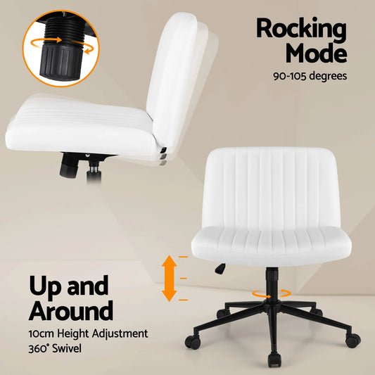 Artiss Criss Cross Chair with Wheels Wide Cross Legged Office Desk Vanity Chair PU Leather, Armless Height Adjustable Swivel Home Office Chair for Home Computer Task, White - Image 6