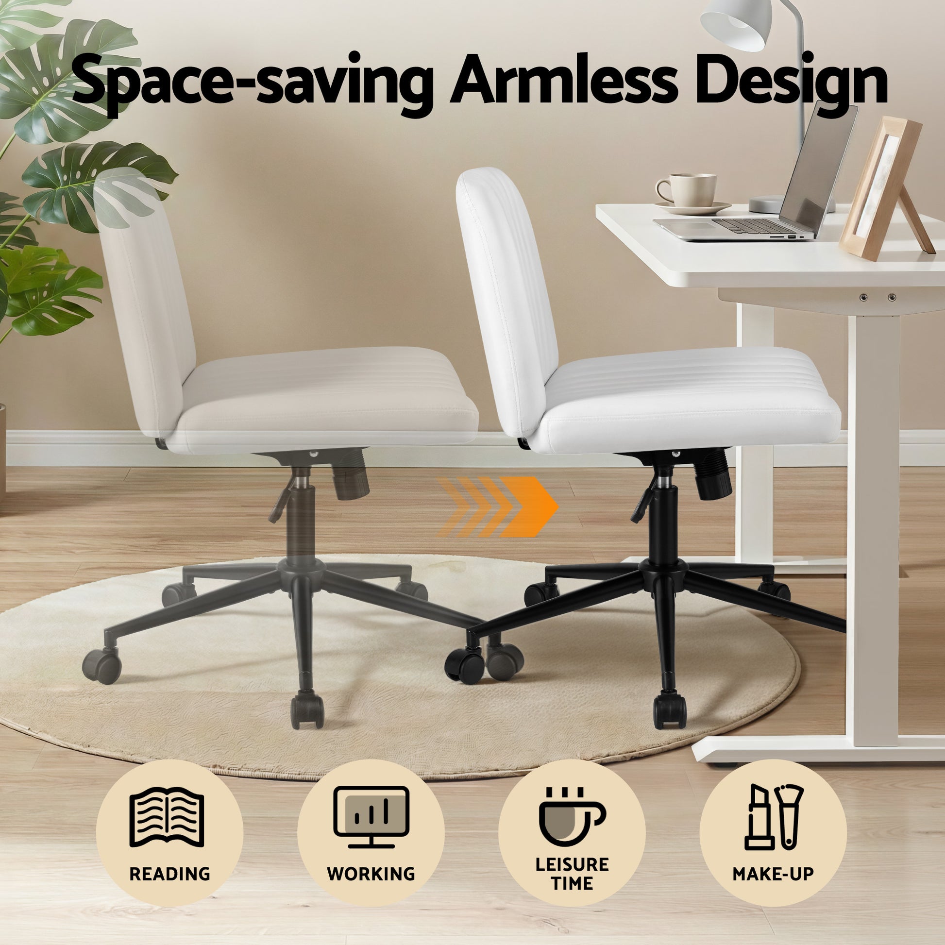 Artiss Criss Cross Chair with Wheels Wide Cross Legged Office Desk Vanity Chair PU Leather, Armless Height Adjustable Swivel Home Office Chair for Home Computer Task, White - Image 7