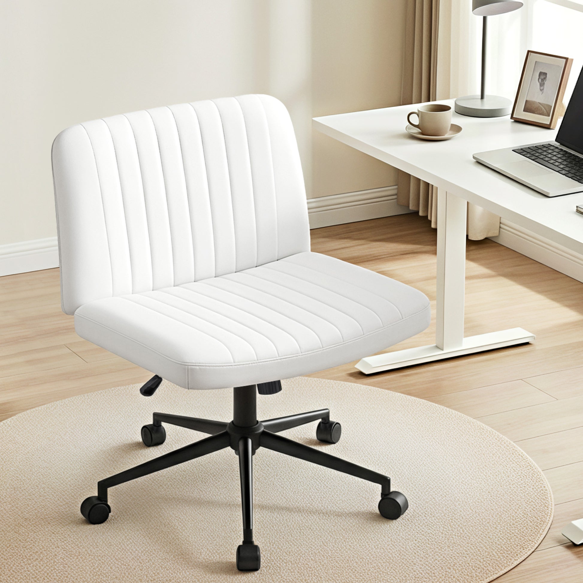 Artiss Criss Cross Chair with Wheels Wide Cross Legged Office Desk Vanity Chair PU Leather, Armless Height Adjustable Swivel Home Office Chair for Home Computer Task, White - Image 9
