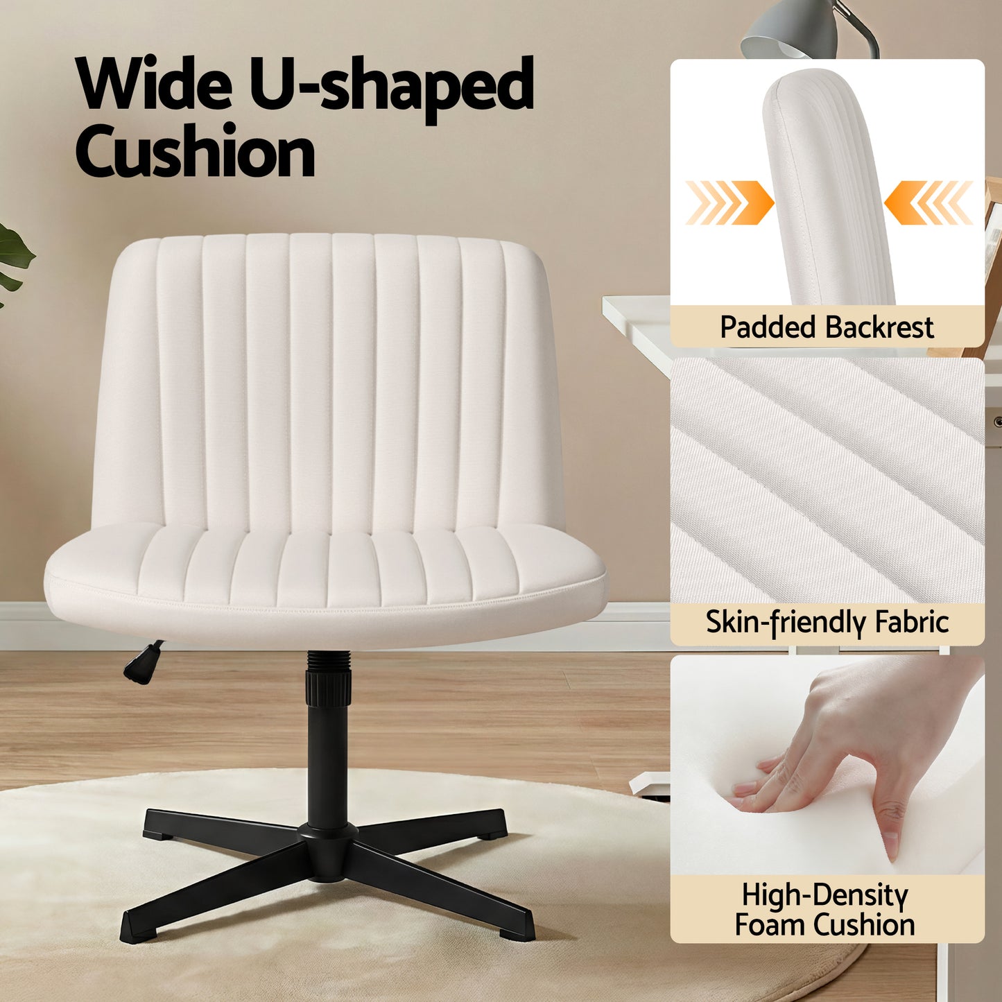 Artiss Criss Cross Chair No Wheels Fabric Wide Cross Legged Office Desk Vanity Chair Armless, Height Adjustable, Swivel Home Office Chair for Home Computer Task, Beige - Image 4