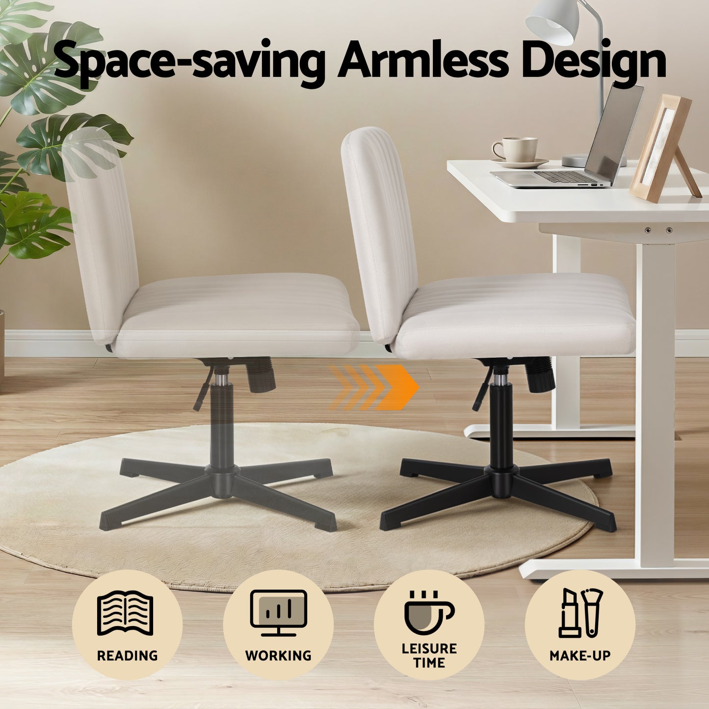 Artiss Criss Cross Chair No Wheels Fabric Wide Cross Legged Office Desk Vanity Chair Armless, Height Adjustable, Swivel Home Office Chair for Home Computer Task, Beige - Image 7