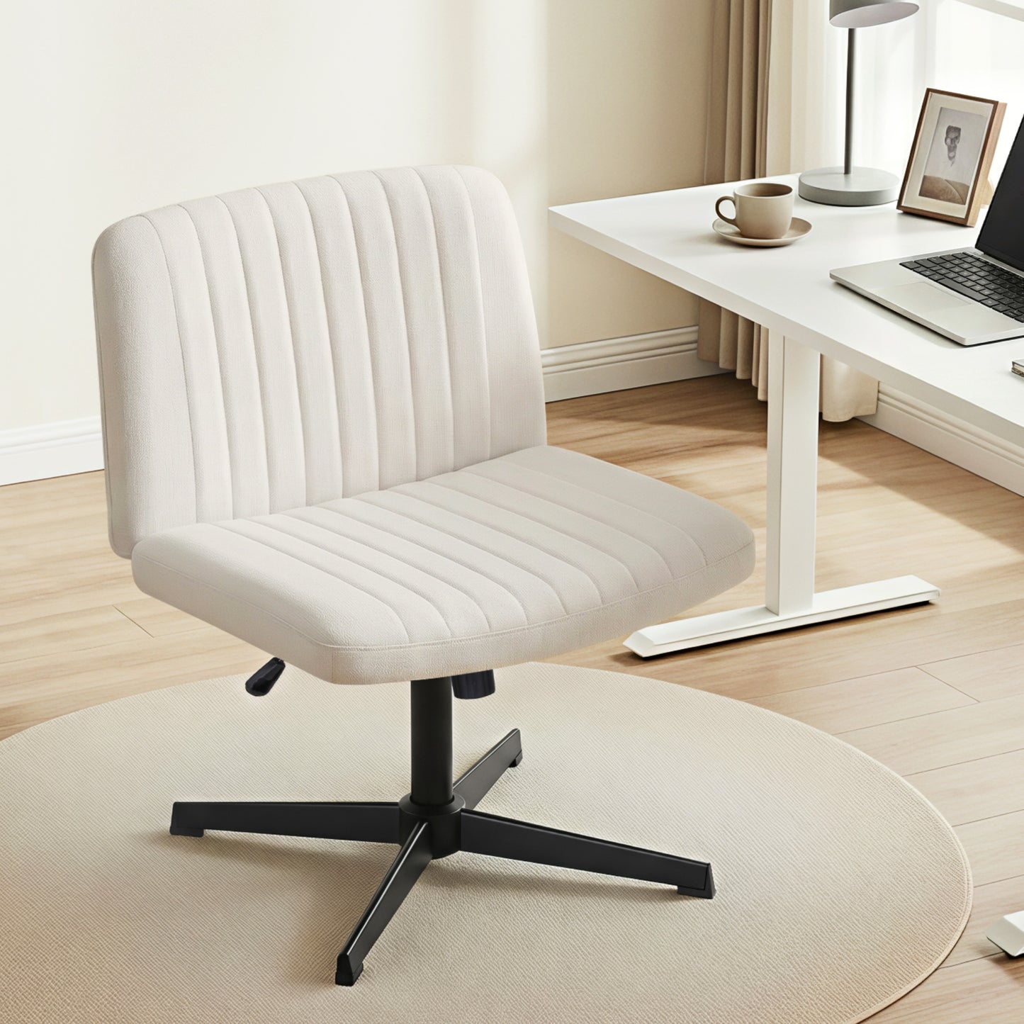 Artiss Criss Cross Chair No Wheels Fabric Wide Cross Legged Office Desk Vanity Chair Armless, Height Adjustable, Swivel Home Office Chair for Home Computer Task, Beige - Image 9