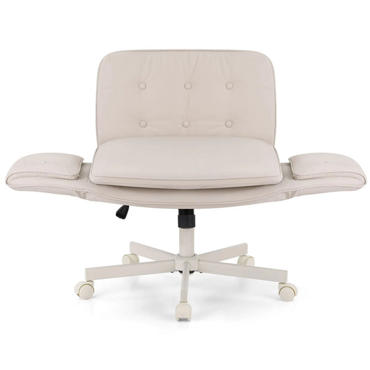 Artiss Criss Cross Chair with Wheels & Adjustable Armrests, Ergonomic Cross Legged Office Desk Chair PU Leather Vanity Chair Swivel for Home, Make Up, Bedroom, Computer, Beige - Image 3