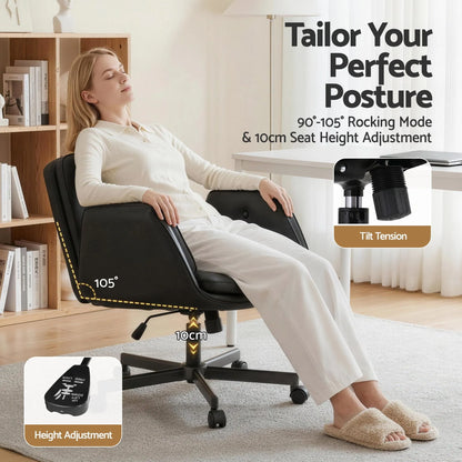 Artiss Criss Cross Chair with Wheels & Adjustable Armrests, Ergonomic Cross Legged Office Desk Chair PU Leather Vanity Chair Swivel for Home, Make Up, Bedroom, Computer, Black - Image 7