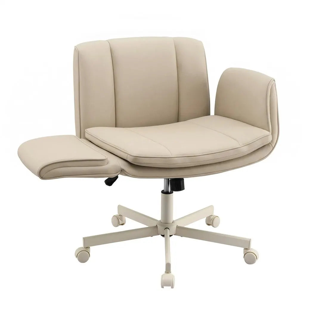Artiss Cross Legged Office Chair PU Leather Swivel Vanity Chair Wide Seat Adjustable Arms Beige - Image 2