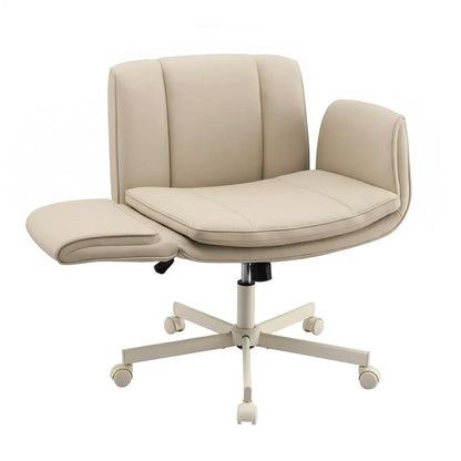Artiss Cross Legged Office Chair PU Leather Swivel Vanity Chair Wide Seat Adjustable Arms Beige - Image 2