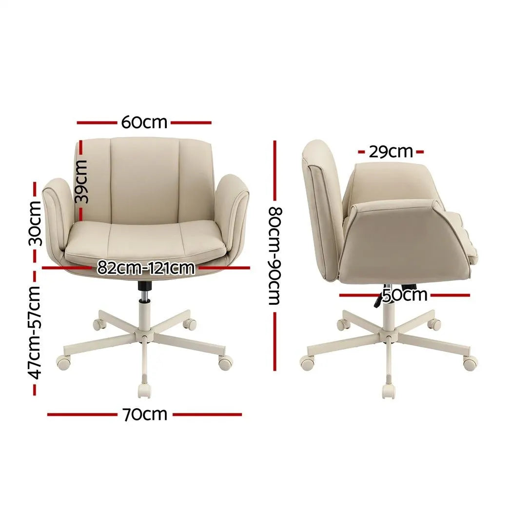 Artiss Cross Legged Office Chair PU Leather Swivel Vanity Chair Wide Seat Adjustable Arms Beige - Image 3