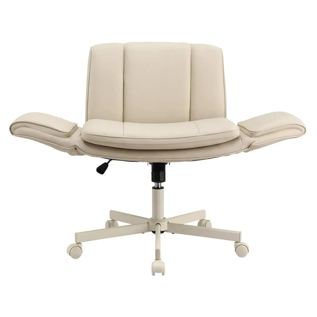 Artiss Cross Legged Office Chair PU Leather Swivel Vanity Chair Wide Seat Adjustable Arms Beige - Image 4