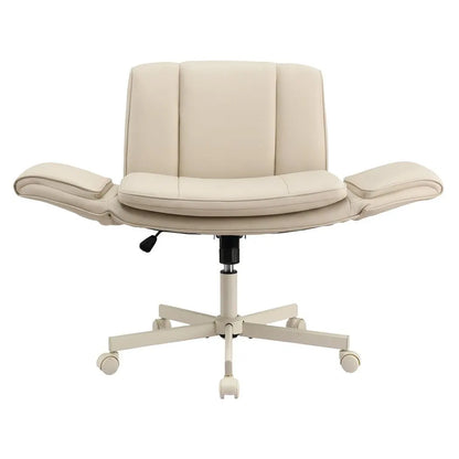 Artiss Cross Legged Office Chair PU Leather Swivel Vanity Chair Wide Seat Adjustable Arms Beige - Image 4
