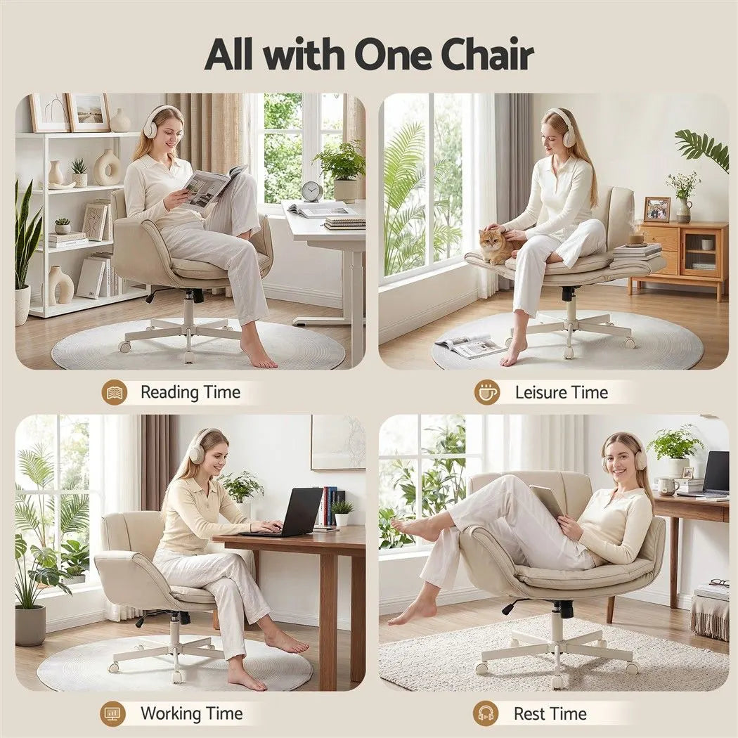 Artiss Cross Legged Office Chair PU Leather Swivel Vanity Chair Wide Seat Adjustable Arms Beige - Image 5