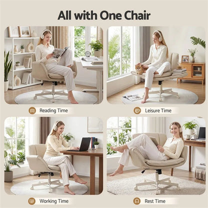 Artiss Cross Legged Office Chair PU Leather Swivel Vanity Chair Wide Seat Adjustable Arms Beige - Image 5
