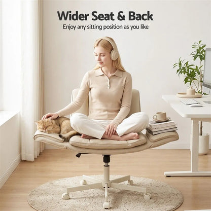 Artiss Cross Legged Office Chair PU Leather Swivel Vanity Chair Wide Seat Adjustable Arms Beige - Image 6