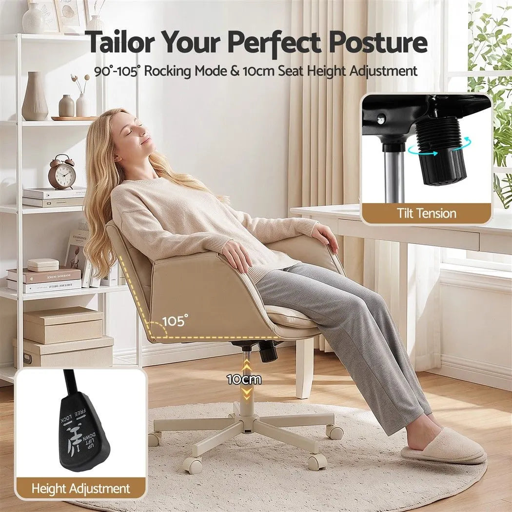 Artiss Cross Legged Office Chair PU Leather Swivel Vanity Chair Wide Seat Adjustable Arms Beige - Image 8