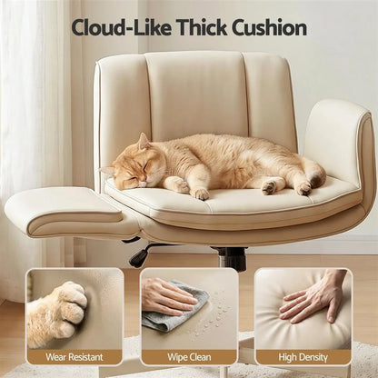 Artiss Cross Legged Office Chair PU Leather Swivel Vanity Chair Wide Seat Adjustable Arms Beige - Image 9