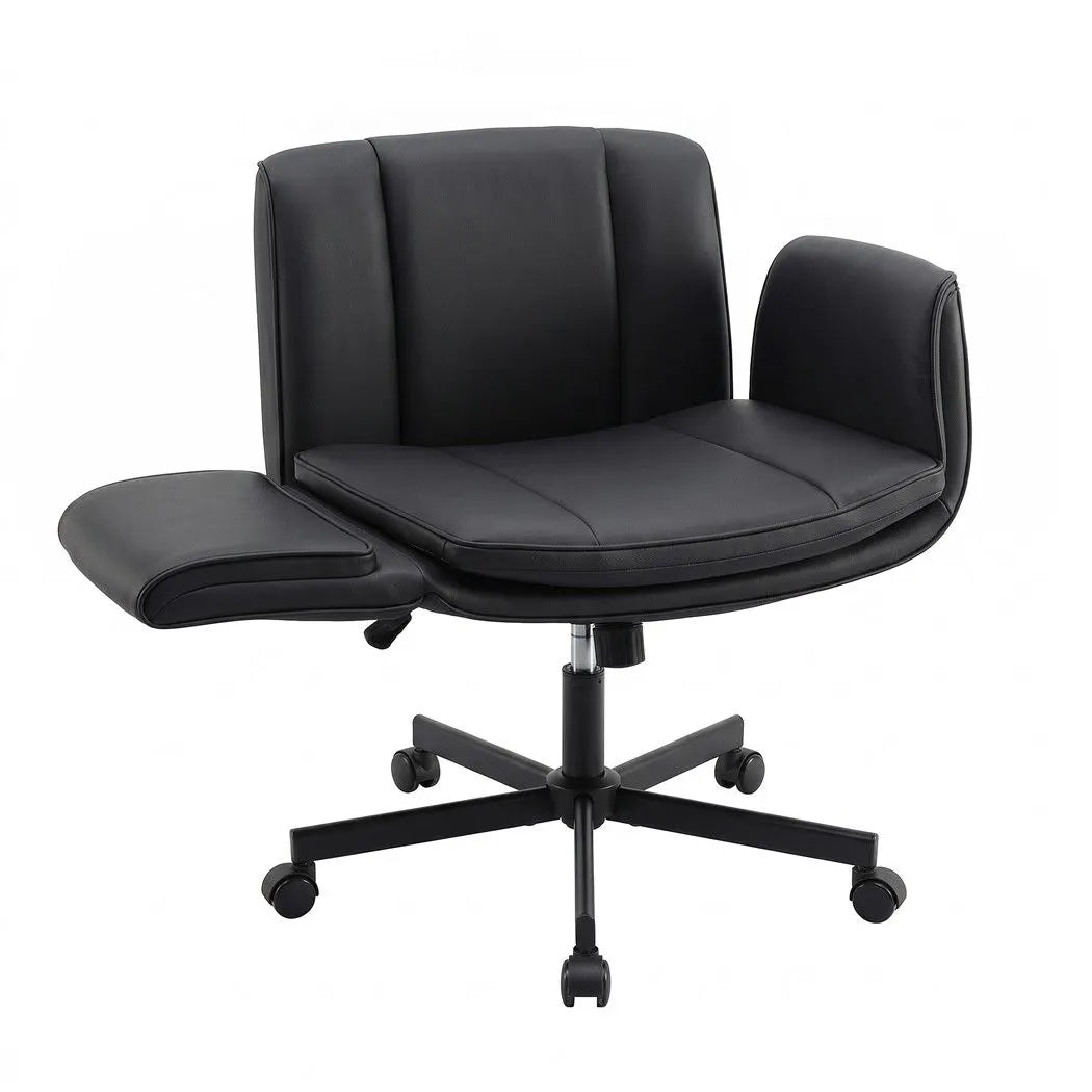 Artiss Cross Legged Office Chair PU Leather Swivel Vanity Chair Wide Seat Adjustable Arms Black - Image 2