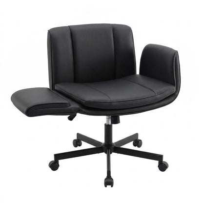 Artiss Cross Legged Office Chair PU Leather Swivel Vanity Chair Wide Seat Adjustable Arms Black - Image 2