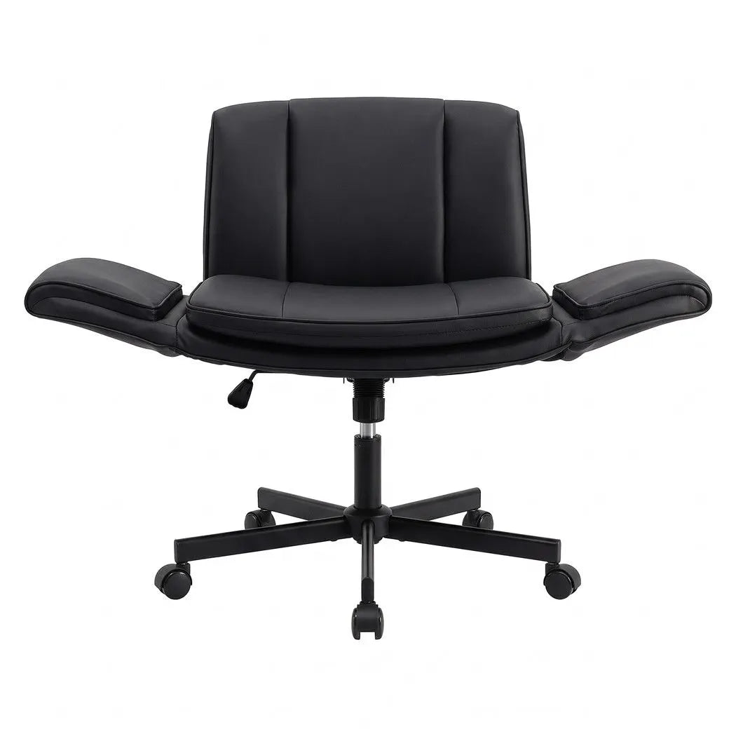 Artiss Cross Legged Office Chair PU Leather Swivel Vanity Chair Wide Seat Adjustable Arms Black - Image 4
