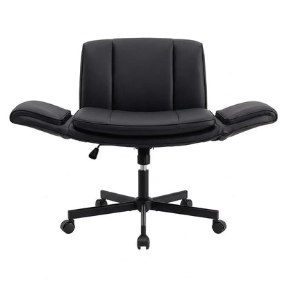 Artiss Cross Legged Office Chair PU Leather Swivel Vanity Chair Wide Seat Adjustable Arms Black - Image 4
