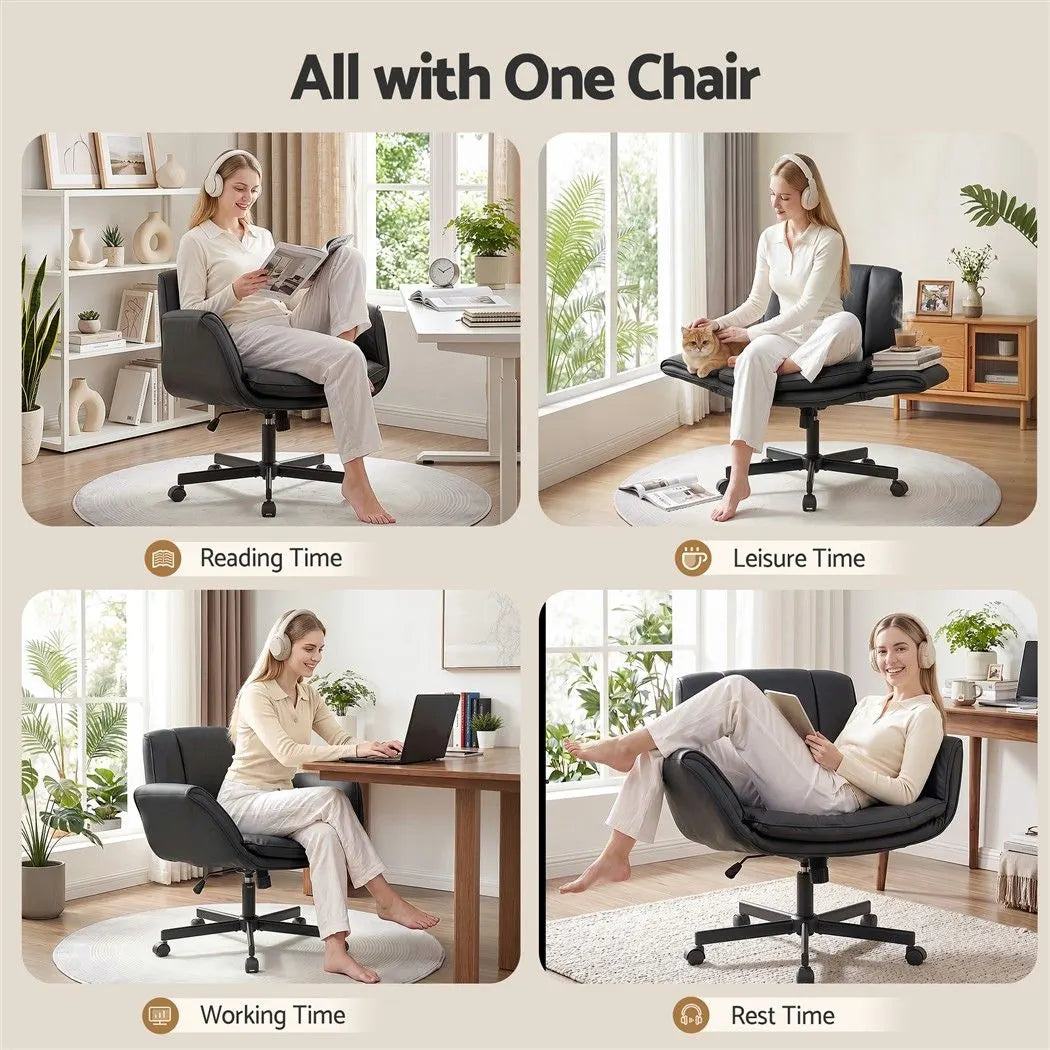 Artiss Cross Legged Office Chair PU Leather Swivel Vanity Chair Wide Seat Adjustable Arms Black - Image 5