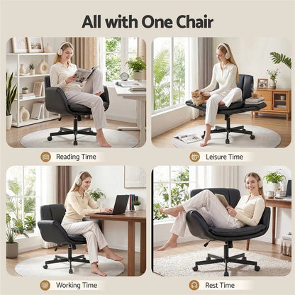 Artiss Cross Legged Office Chair PU Leather Swivel Vanity Chair Wide Seat Adjustable Arms Black - Image 5