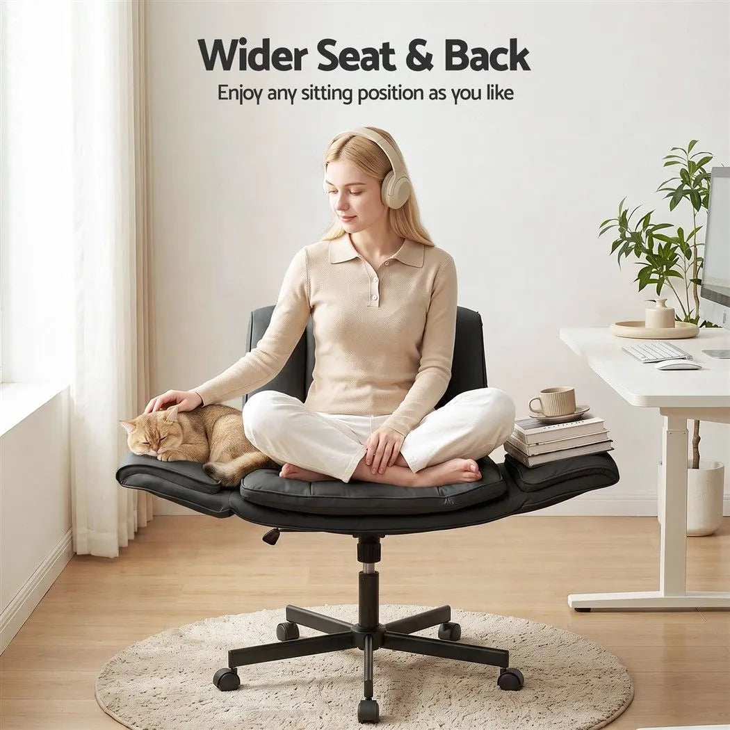 Artiss Cross Legged Office Chair PU Leather Swivel Vanity Chair Wide Seat Adjustable Arms Black - Image 6