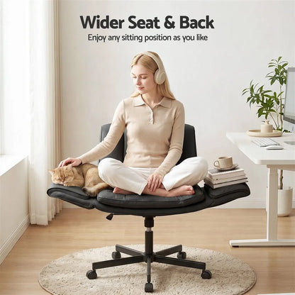 Artiss Cross Legged Office Chair PU Leather Swivel Vanity Chair Wide Seat Adjustable Arms Black - Image 6