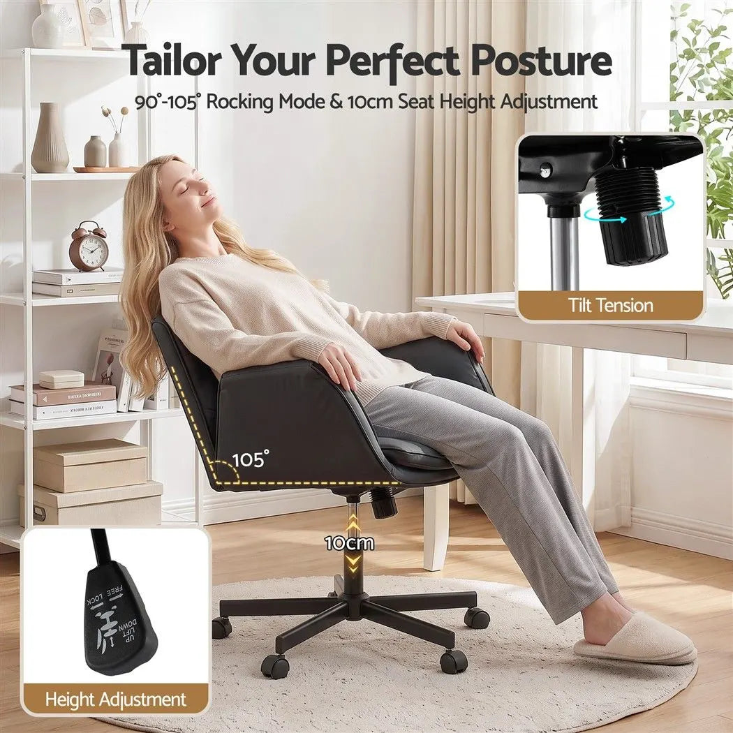 Artiss Cross Legged Office Chair PU Leather Swivel Vanity Chair Wide Seat Adjustable Arms Black - Image 8