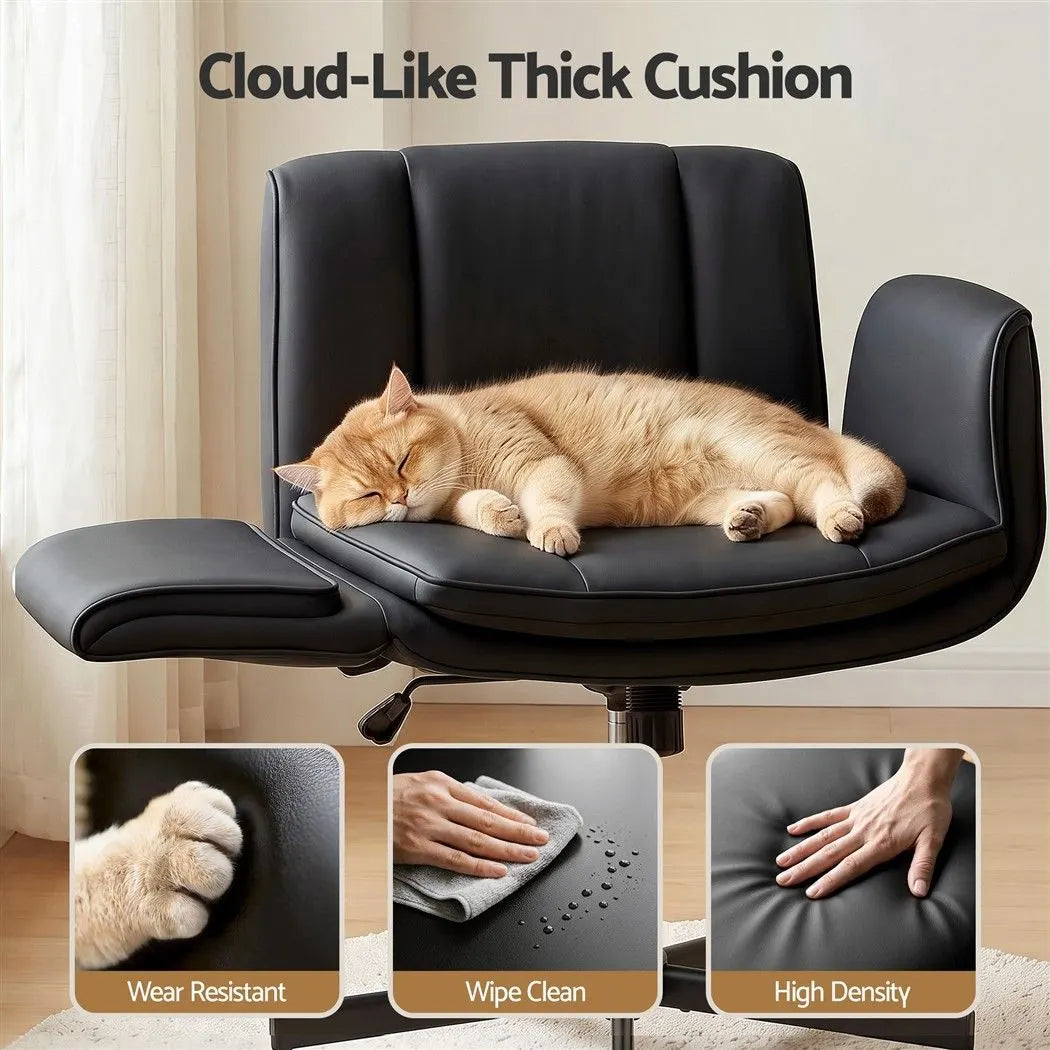 Artiss Cross Legged Office Chair PU Leather Swivel Vanity Chair Wide Seat Adjustable Arms Black - Image 9