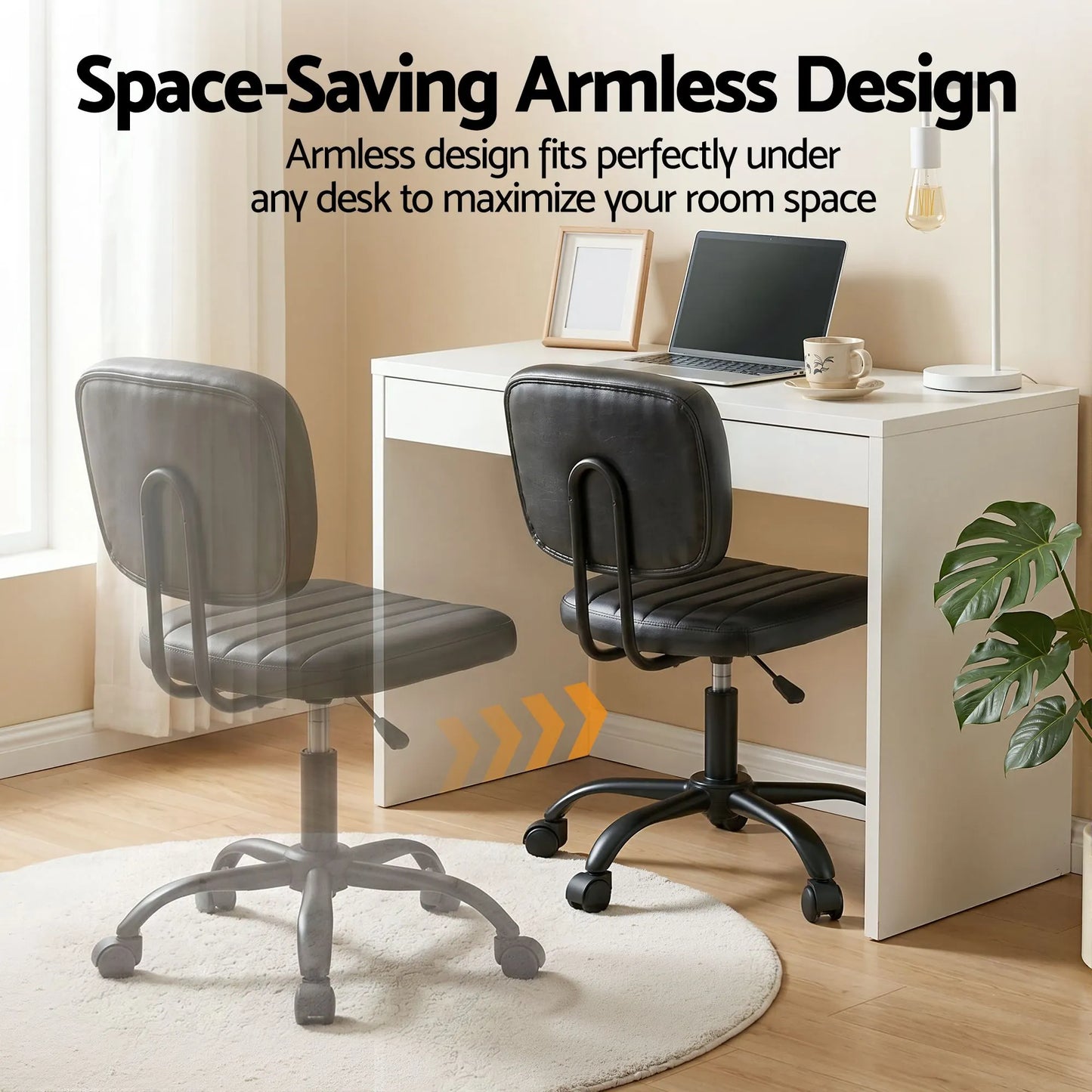 Artiss Armless Office Chair with Wheels, Ergonomic PU Leather Office Desk Chair, Height Adjustable 360° Swivel Computer Task Chair for Home Office, Study Room & Small Space, Black - Image 4