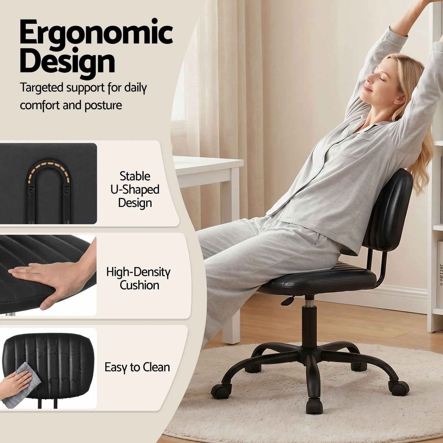 Artiss Armless Office Chair with Wheels, Ergonomic PU Leather Office Desk Chair, Height Adjustable 360° Swivel Computer Task Chair for Home Office, Study Room & Small Space, Black - Image 6