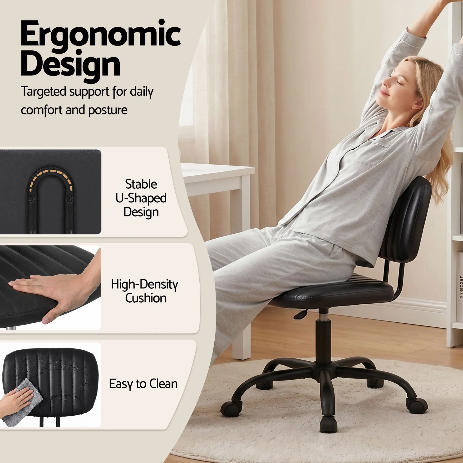Artiss Armless Office Chair with Wheels, Ergonomic PU Leather Office Desk Chair, Height Adjustable 360° Swivel Computer Task Chair for Home Office, Study Room & Small Space, Black - Image 6