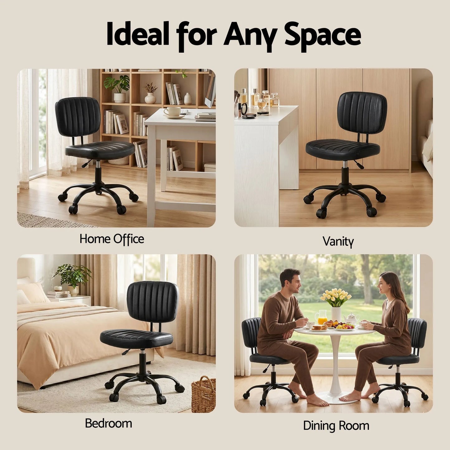 Artiss Armless Office Chair with Wheels, Ergonomic PU Leather Office Desk Chair, Height Adjustable 360° Swivel Computer Task Chair for Home Office, Study Room & Small Space, Black - Image 8