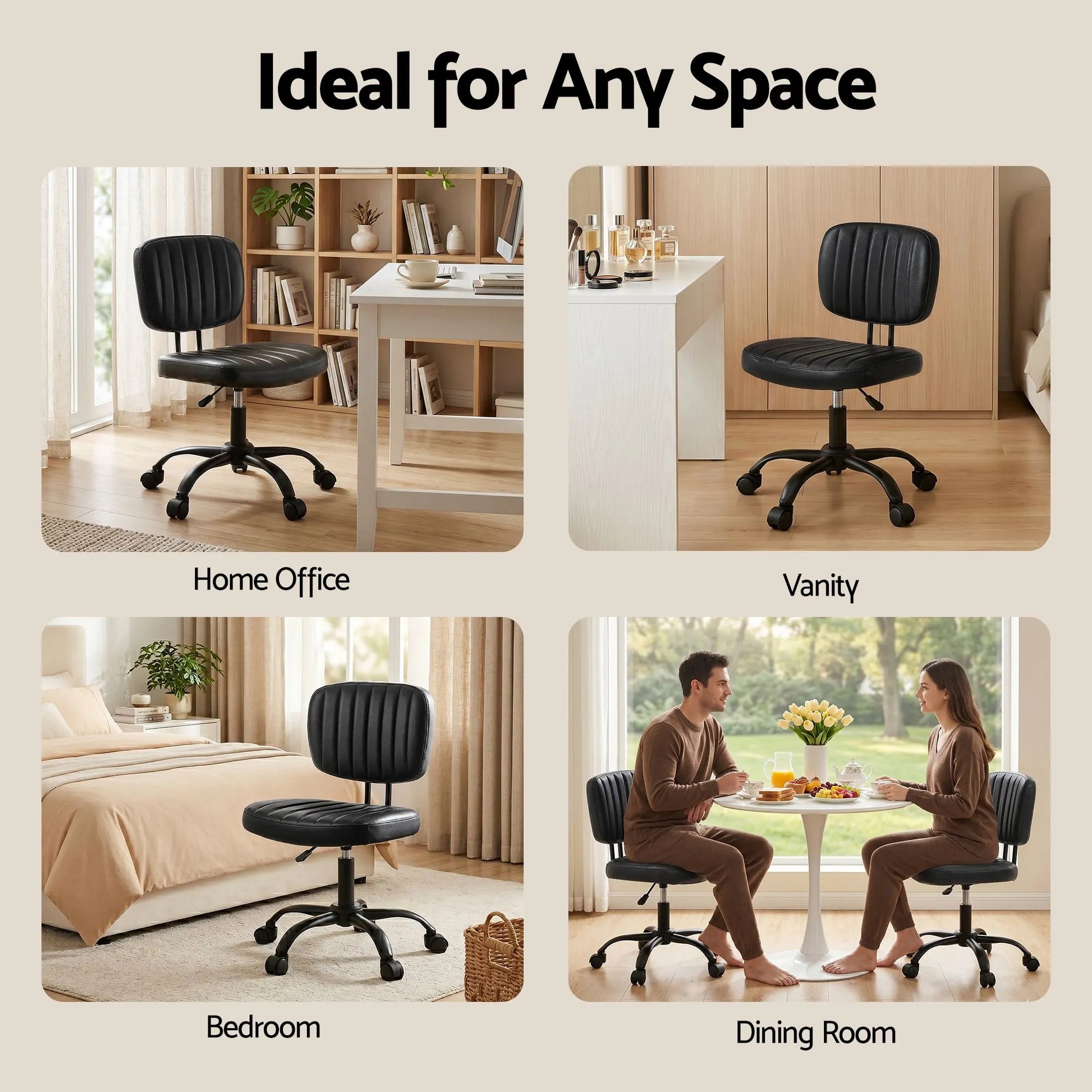 Artiss Armless Office Chair with Wheels, Ergonomic PU Leather Office Desk Chair, Height Adjustable 360° Swivel Computer Task Chair for Home Office, Study Room & Small Space, Black - Image 8