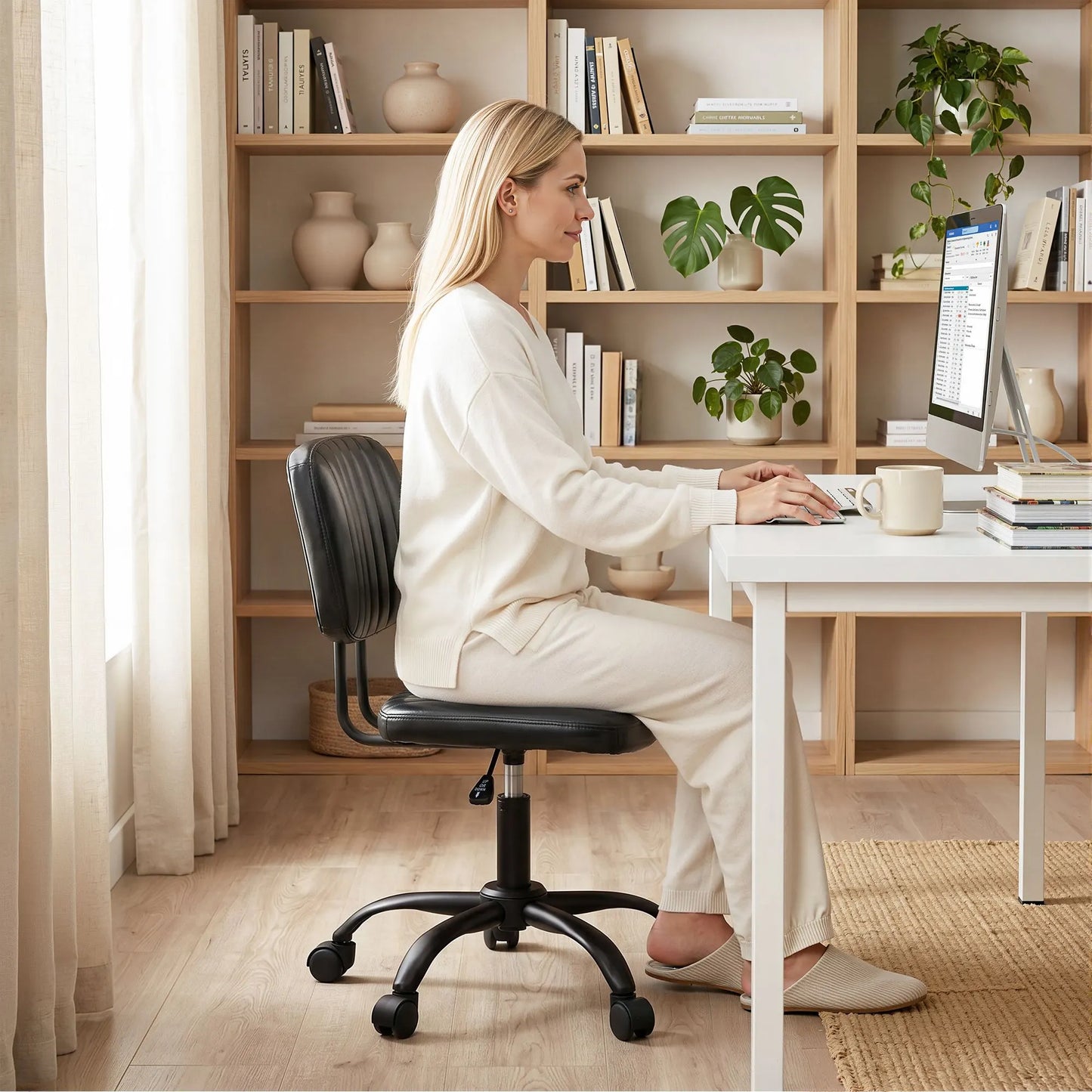 Artiss Armless Office Chair with Wheels, Ergonomic PU Leather Office Desk Chair, Height Adjustable 360° Swivel Computer Task Chair for Home Office, Study Room & Small Space, Black - Image 9
