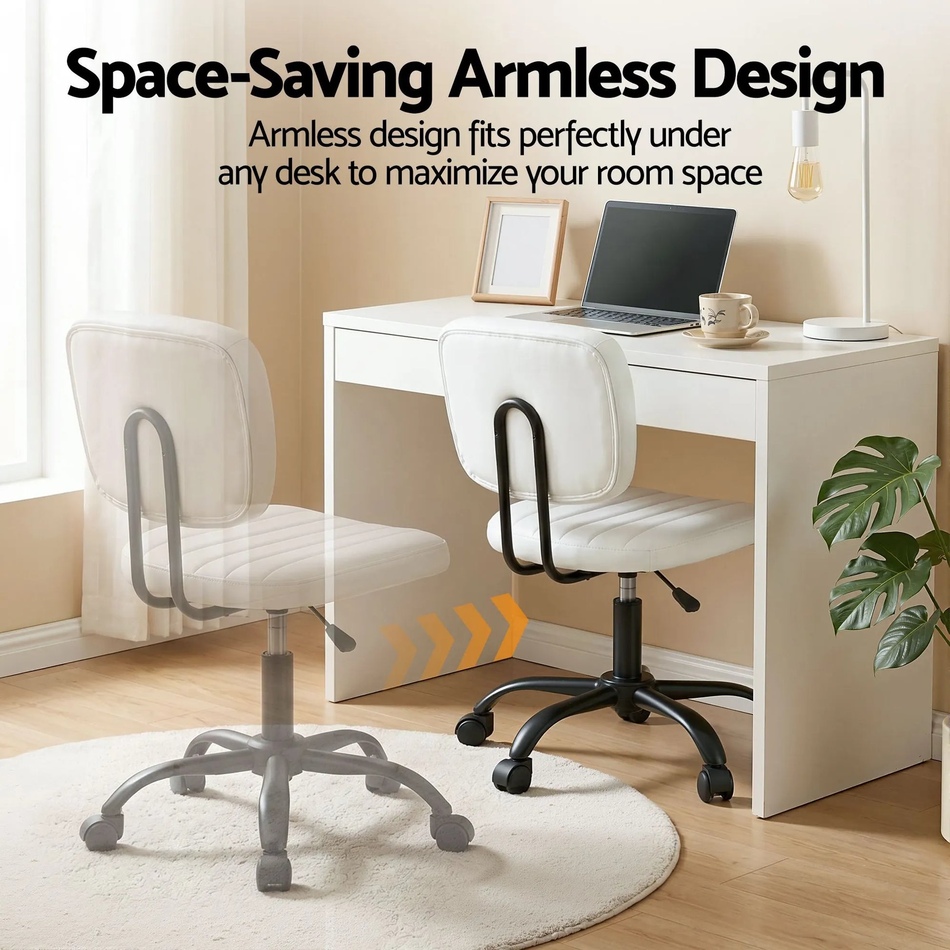 Artiss Armless Office Chair with Wheels, Ergonomic PU Leather Office Desk Chair, Height Adjustable 360° Swivel Computer Task Chair for Home Office, Study Room & Small Space, White - Image 4