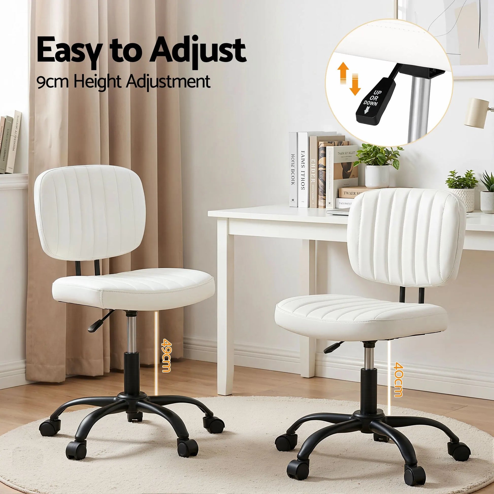 Artiss Armless Office Chair with Wheels, Ergonomic PU Leather Office Desk Chair, Height Adjustable 360° Swivel Computer Task Chair for Home Office, Study Room & Small Space, White - Image 5